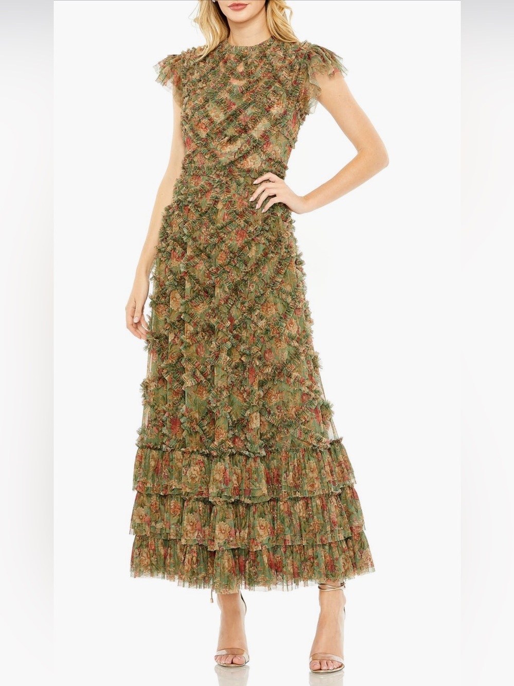 Mac Duggal 8009 Womens Green High Neck Ruffle Cap Sleeve Floral Dress